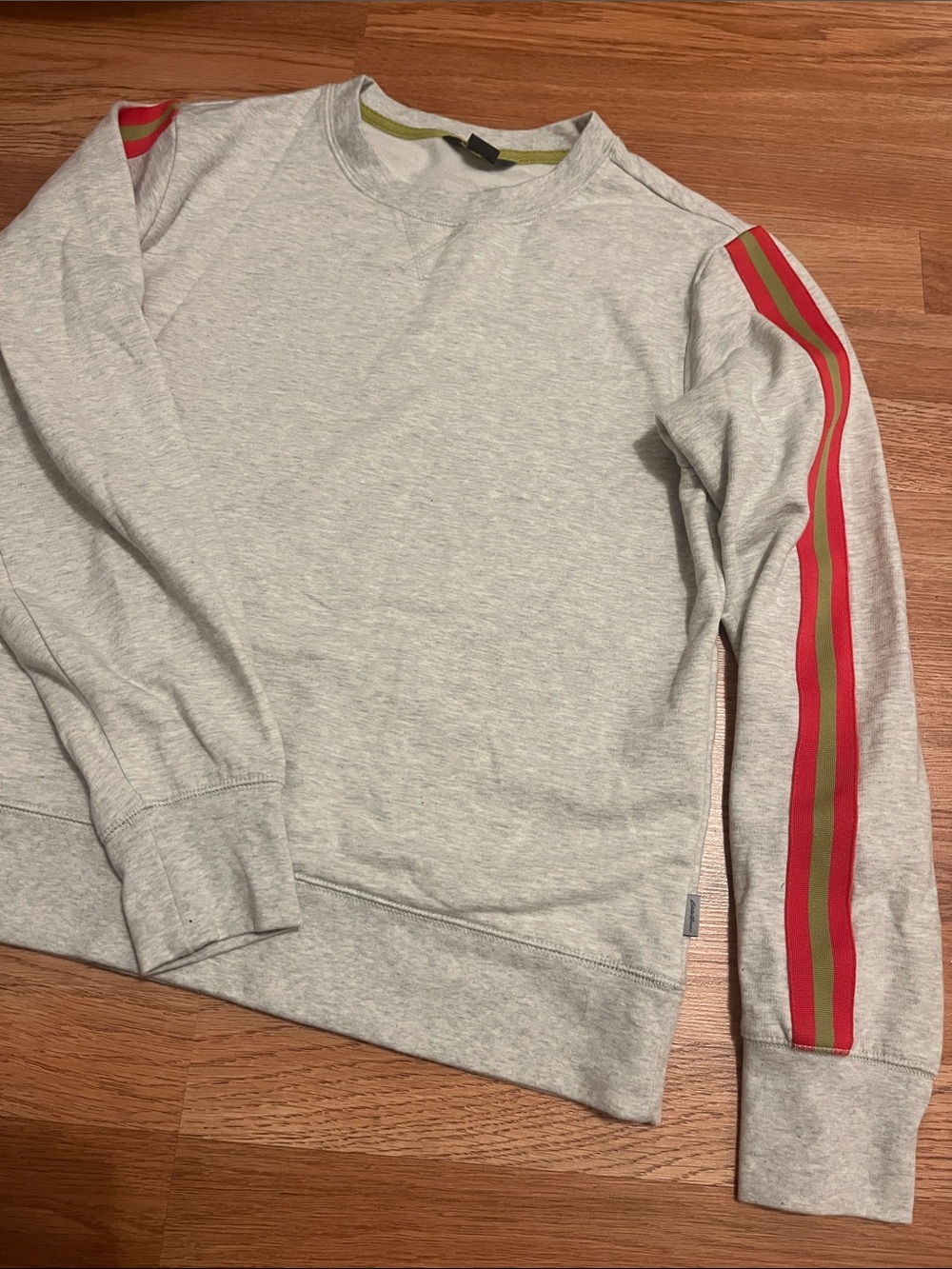 Light Gray Eddie Bauer Crewneck Sweatshirt with Red and Olive Stripe Detail